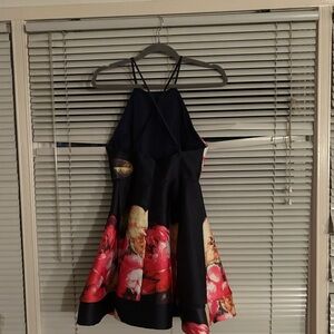 A’Gacie Floral Halter Dress. Fit and flare. Navy blue with flowers